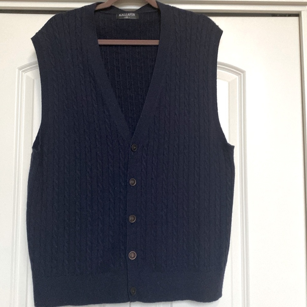 KALLSPIN Sweater Vest Mens XXL Navy Cashmere Wool Blend Cable knit Preppy Office